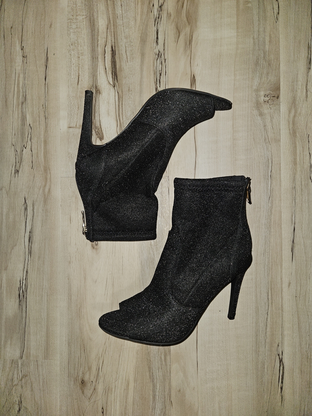 Sparkly Black G BY GUESS Bex Peep Toe Ankle Boots Open Toe Booties Size 8.5